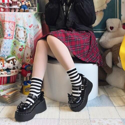 Women Lolita Rivet Metal Chain Cross Round Toe Gothic Punk Pumps Shoes Platform Wedge High Heel Creepers Japanese Harajuku Dark