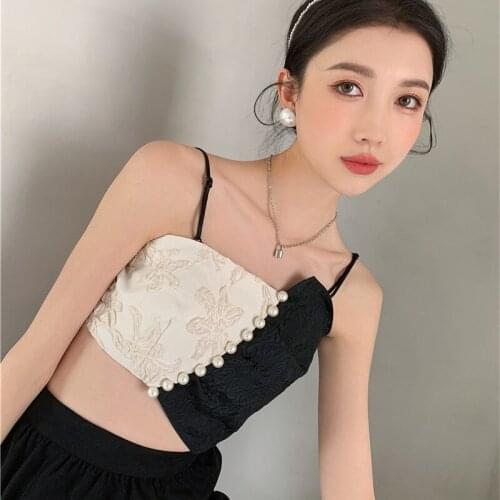 Women Summer Black White Stitching Irregular High-Waist Top Pearl Fold Suspenders Fashion Sexy Vest Outside Ladies