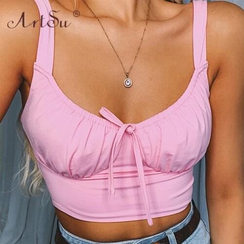 ArtSu Sexy Fashion Women Tank Top Summer 2020 Backless Low Cut Slim Sleeveles Crop Tops Bow Pink Tops Camisole Streetwear
