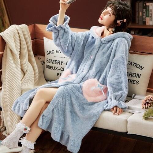 Winter Women Hooded Pajama Sets Ruffled Warm Coral Flannel Sleepwear Solid Female Thick Long Soft Cute Nightwear Home Clothing