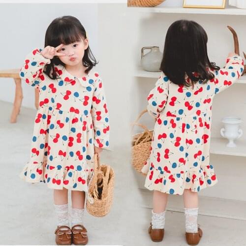 2020 Autumn New Baby Girls Dress Fashion Cherry Print Dress for Girl Kids Cotton Ruffles Doll Collar Dress Child Clothing 2-6 Y