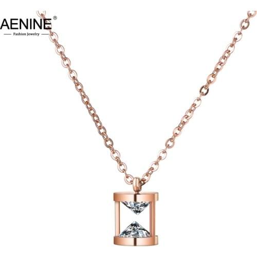 AENINE Funnel Shape Pendant Necklaces Rose Gold AAA CZ Stainless Steel Chokers Necklace Jewelry Valentines Day Present AN18266