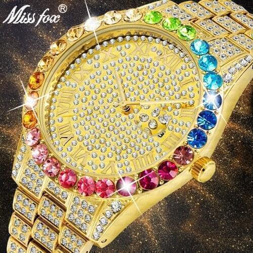 2020 MISSFOX Big Rainbow Diamond Watch Men 30M Waterproof Calendar Icd Platinum Men Watch Luxurious Hip Hop Iced Out Wrist Watch