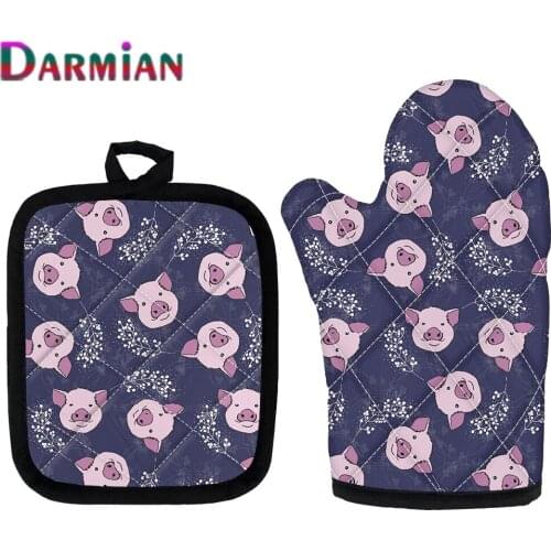 DARMIAN 2Pcs Mitten and Pad Cute Pink Pig Design Microwave Oven Glove Heat Insulated Baking Heat Resistant Gloves Oven Mitts New
