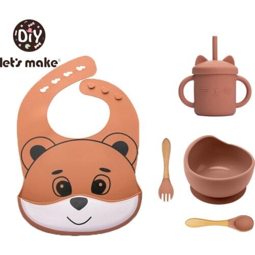 Lets Make 5pcs/set Baby Tableware Sets Waterproof Cute Bear Baby Bibs Silicone Bowl Spoon Fork BPA Free Silicone Dishes Infant