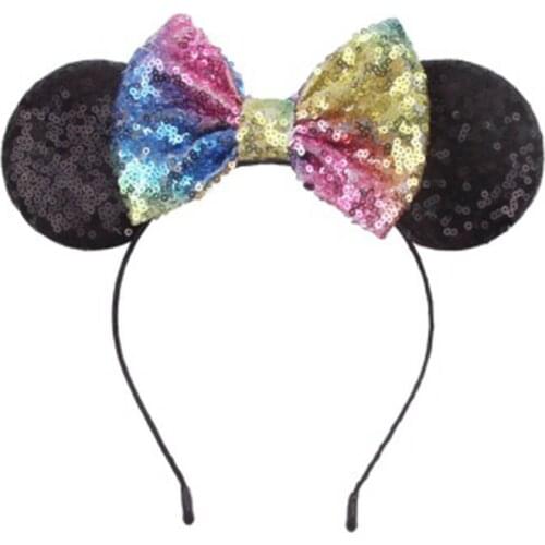 Disney 1pcs embroidery Mickey black ear headband double-sided sequined headband headwear Mickey childrens hair accessories