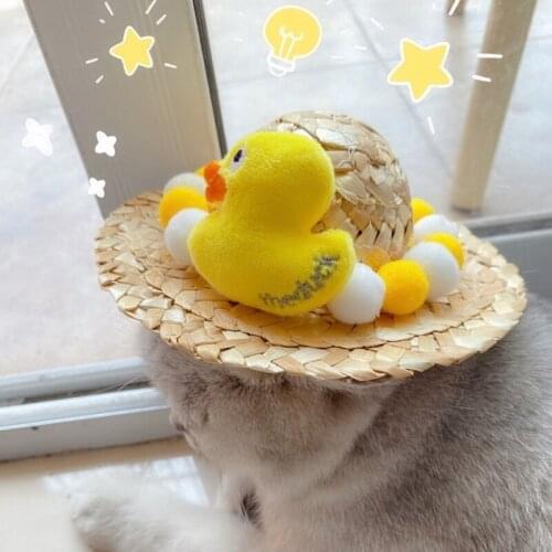 Pet cat dog rabbit summer straw hat cartoon yellow duck ball bean sprout cute pet decoration hat
