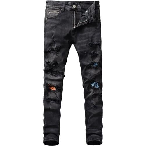 American Street Fashion Men Jeans Retro Black Gray Destroyed Slim Fit Ripped Jeans Men Patches Designer Hip Hop Denim Punk Pants