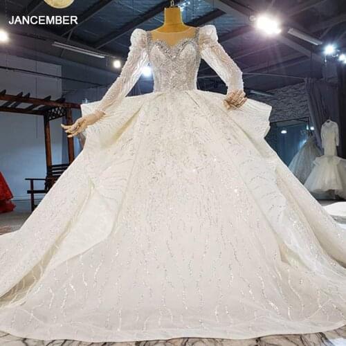 HTL2035 Ball-Gown Beaded Crystal Luxury Sequined Bow Wedding Dress 2021 Long Sleeve Sweetheart Lace Up Back
