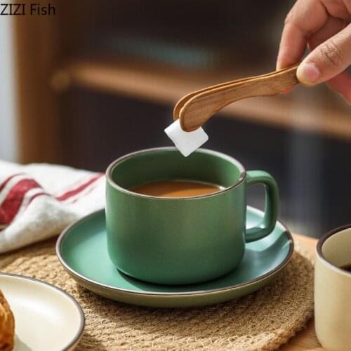 Retro Solid Color Ceramic Mug Water Cup Creativity Household Breakfast Milk Cup Coffee Cup Set with Dish Coffee Shop Drinkware