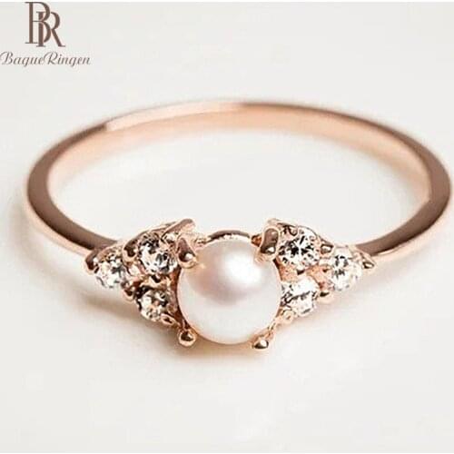 Bague Ringen Jewelry 925 Silver Ring Rose Gold Color Pearl Zircon Handornaments Size6,7,8,9,10 Birthday and Anniversary Day Gift