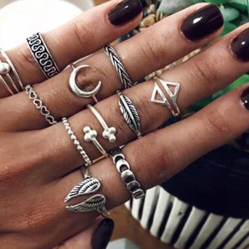 Tocona 12pcs/sets Bohemian Moon Joint Ring for Women Men Lovely Heart Wing Geoemtric Wedding Ring Jewelry Accessories 14821