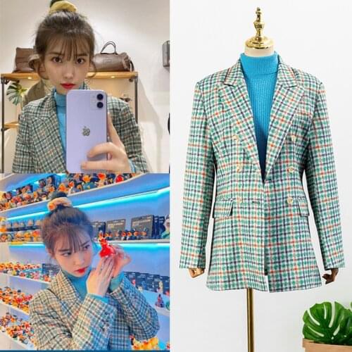 Kpop IU Lee Ji Eun winter Double Breasted Plaid Blazer Women Retro Pockets Jackets Female Elegant Plaid Long Sleeved Woolen coat