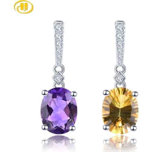 Natural Amethyst Citrine Silver Drop Earring Color Mix Style 3.2 Carats Genuine Gemstone Concave Faced Cut S925 Fine Jewelry
