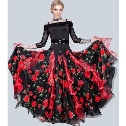2019 New Women Ballroom Dance Dress Long Sleeve Flower Skirt Performance Dresses Modern Jazz Waltz Tango Foxtrot Dresses DL3878