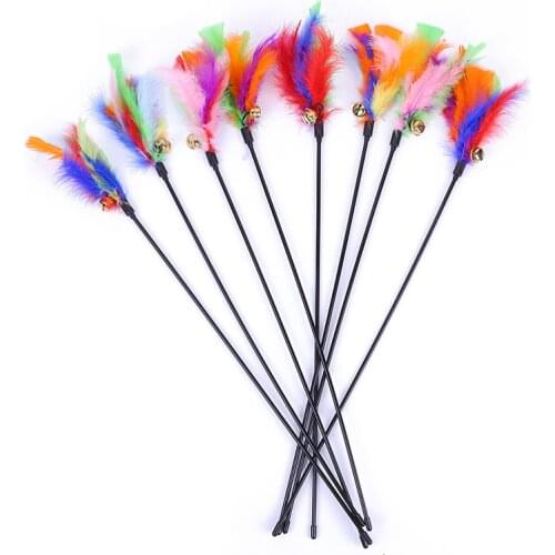 5pcs Funny Kitten Cat Teaser Interactive Toy Rod with Bell and Feather Toys For Pet Cats Stick Wire Chaser Wand Toy Random Color