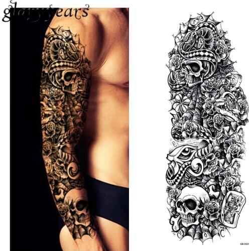 1 Piece Water Transfer Tattoo Sticker Full Flower Arm Art Black Rose Flower Skull Snake Pattern Temporary Tattoo Sticker QB-3021
