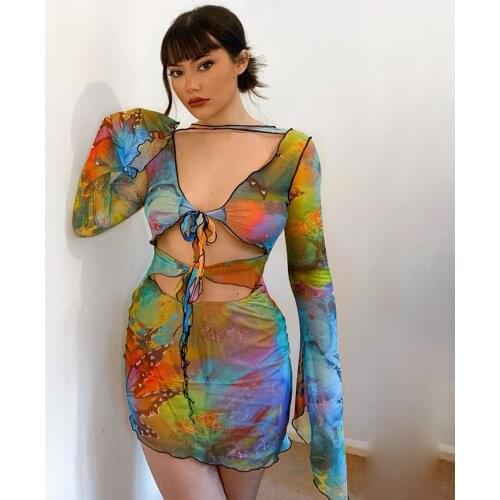 Hirigin Aesthetic Butterfly Tie Dye Printed Sheer Mesh Mini Dress Y2k Sexy Cut Out Long Sleeve Bodycon Dress Clubwear
