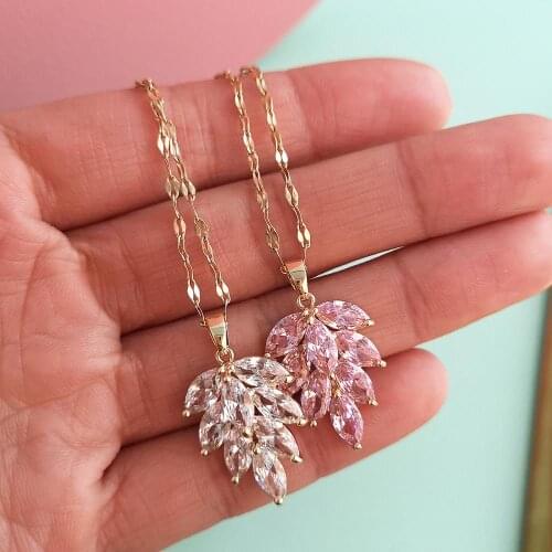 Luxury Gold Chain Necklace Pink Clear Zircon Crystal Necklace Women Big Leaf Statement Necklace Party Jewelry Birthday Present
