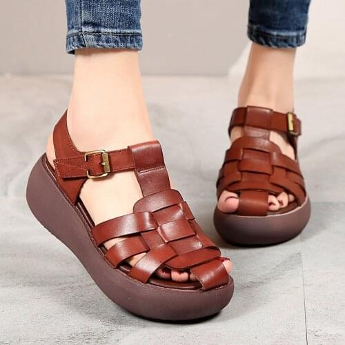 Mother Comfort Genuine Leather Sandals 2021 Summer Fashion Retro Casual Wedges Shoes for Women Platform Sandals Zapatos De Mujer