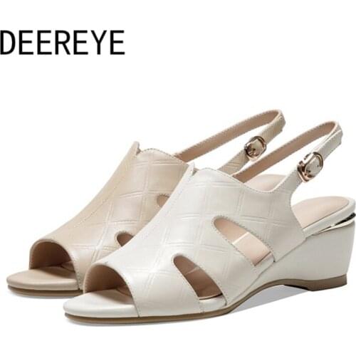 Comfortable Genuine Leather Hollow Out Wedges Female Casual High Heels Sandals Fish Mouth Women Platform Slingback Soft Shoes