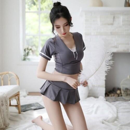 Sexy Underwear Student Gray Short-Sleeved Slim Body On Both Sides Of The Hollow Lace Uniform Temptation Hip Pleated Skirt Suit