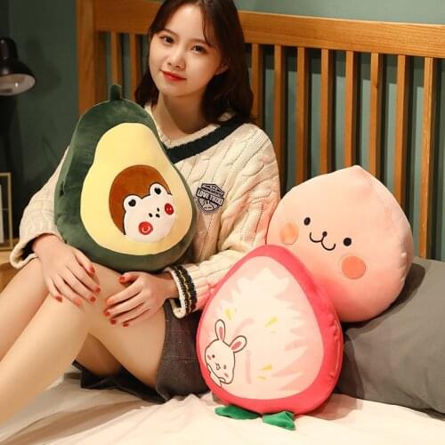 Kawaii Fruit Avocado Pillow Plush Stuffed Soft Plushie Peach Strawberry Pillow Hand Warmer Sofa Cushion Kids Girls Winter Gift