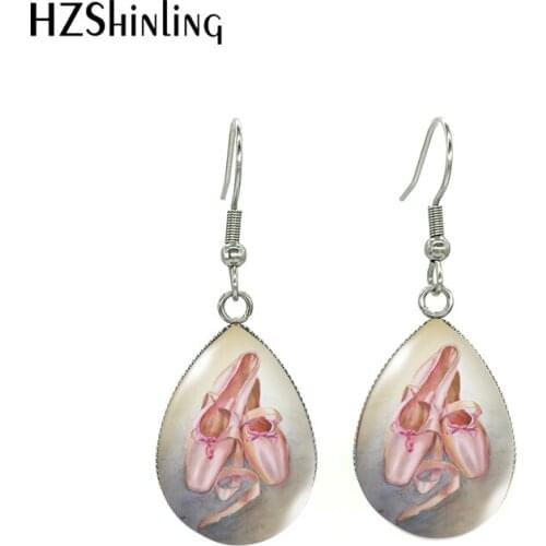 Vintage Ballet Dancer Shoes Painting Tear Drop Dangles Fish Hook Earrings Handmade Stainless Steel Earrings