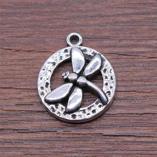 WYSIWYG 10pcs/lot Round Dragonfly Tag Charms For Jewelry Making 14x17mm Antique Silver Color Jewelry Accessories