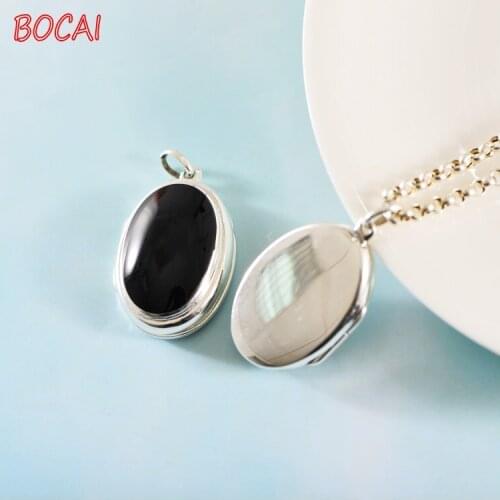 Real s925 silver jewelry vintage Thai silver simple photo box pendant openable mother of pearl and black agate necklace glossy p