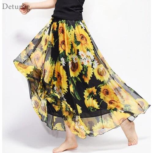 New Fashion 2020 Womens BOHO Elegant Florals Print Chiffon Long Skirt Ladies Slim High-Waist Elastic Waist Pleated Skirts SK15