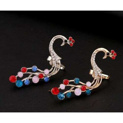 ZLDYOU Fashion Bohemian Full Rhinestone Multi Ear Cuff Color Crystal Peacock Earcuff Jewelry Women Wedding Gifts Clip Earrings