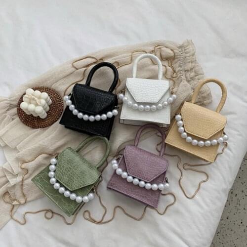 PU Leather Womens Crossbody Bags Candy Color Ladies Mini Shoulder Messenger Bag Pearl Chain Female Small Clutch Purse Handbags