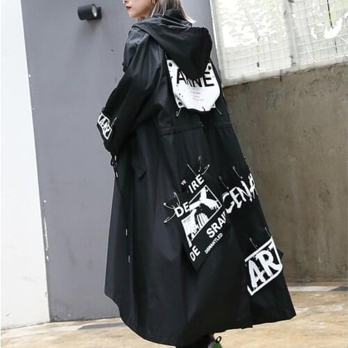 Spliced Plus Size Black Trench For Women Street Fashion Long Print Streetwear Hoodie Casual Female Loose Wide Waisted Coat A105