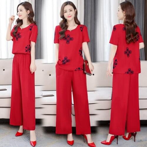 2 Piece Sets Fashion Womens Cotton and Linen Outfits printing Short Sleeve O-neck Tops+ Loose long Pants 2020 Summer Casual Two