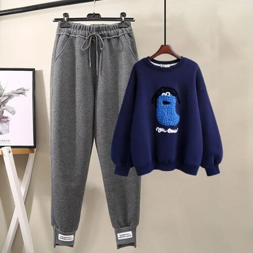 Ladies Autumn and Winter New Korean Version of Loose Cartoon Embroidery Sweater High Waist Harem Casual Pants Two-piece Suit