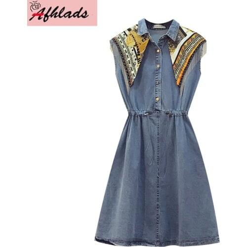 Large Size Womens Summer Dress Single-Breasted Sleeveless Turn-Down Collar Print Tassel Chain Patchwork Midi Denim Dress