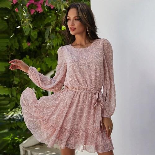 2021 Ladies Vintage Chiffon Dress Round Neck Casual Long Sleeve Ruffles High Waist Bohemian Spring Summer Women Dress