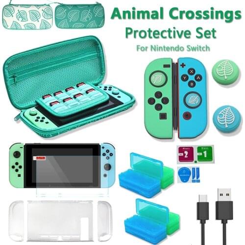 12 in 1 for Animal Crossing Game Accessory Set For Nintend Switch Carrying Bag Film Protector Case Grip Caps Charging Cable Card