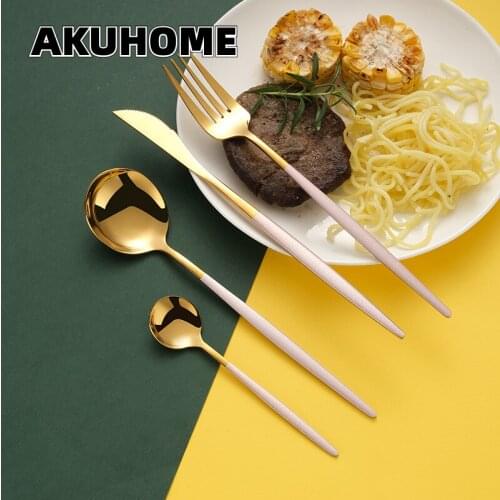 24pcs Gold Dinnerware Bright Black Portuguese Tableware Knife Fork Spoon Tableware Suit Gifts Cutlery Set Pink Kitchen Akuhome