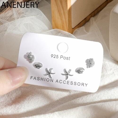 ANENJERY Cute Starfish Shell Zircon Conch Small 6-piece Earrings Set For Women Friend Gift S-E1209