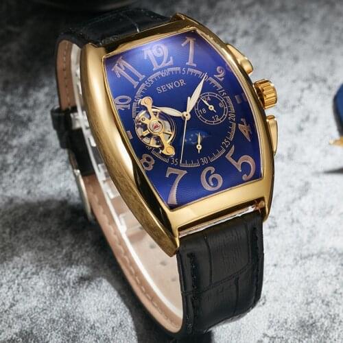 Genuine Leather Band Automatic Mechanical Watch Luxury Brand Male Self-winding Blue Gold Mechanical TODO Mens Wrist Watches