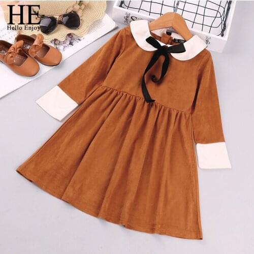 HE Hello Enjoy Autumn Girl Clothes Kids Dresses For Girls College Style Bow dress Solid Color Dress Baby Girl Children Dress