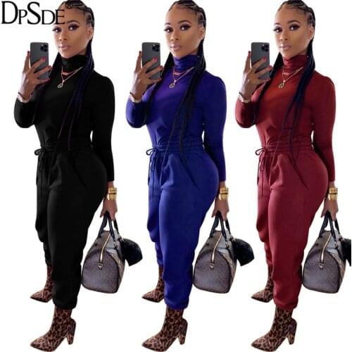 DPSDE Black Household Warm Two Pieces Women Set Autumn High Collar Skinny Casual Top New 2020 Elastic Shwo Thin Bodycon Pants