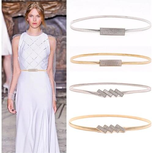 Elastic Silver Gold Chain Belts for Women Metal Plate Rhinestone Ladies Dress Belt Stretch Skinny Thin Waist Belt
