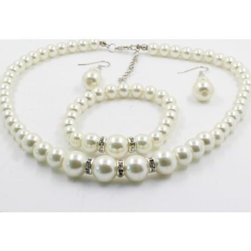 Elegant White Faux Pearl Necklace Earrings and Bracelet Jewelry Set for Women 066C