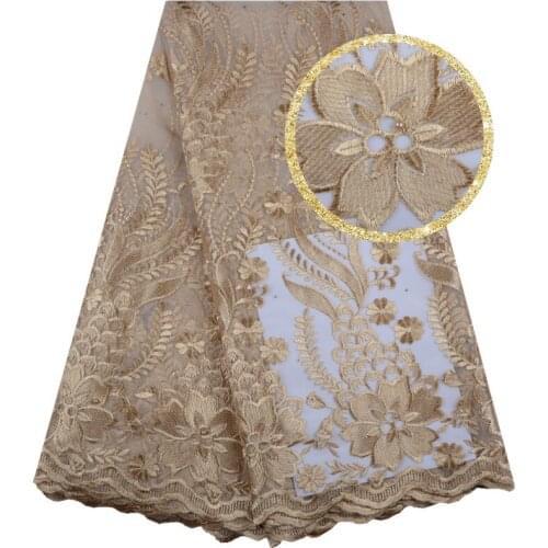 Latest Design Gold Nigerian Lace Fabric For Wedding Party Dress High Quality African French Net Lace Fabric With Beads F1553