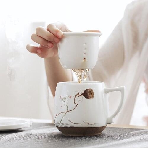 Filtered ceramic hand-painted tea mug with lid gift office mark personal mug