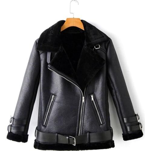 Warm Belt Zipper Plus Velvet PU Windproof Chic Womens Jacket Korean Lamb Wool Motorcycle Female Coat Tops