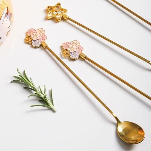 Stainless Steel Long Handle Spoon Fork Tableware Sakura Star Coffee Dessert Snack Ice Cream Tea Mug Mixing Spoon For Kids Adult
